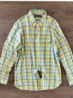 Ralph Lauren Plaid Button Down  yellow Plaid Mens size Large L NWT